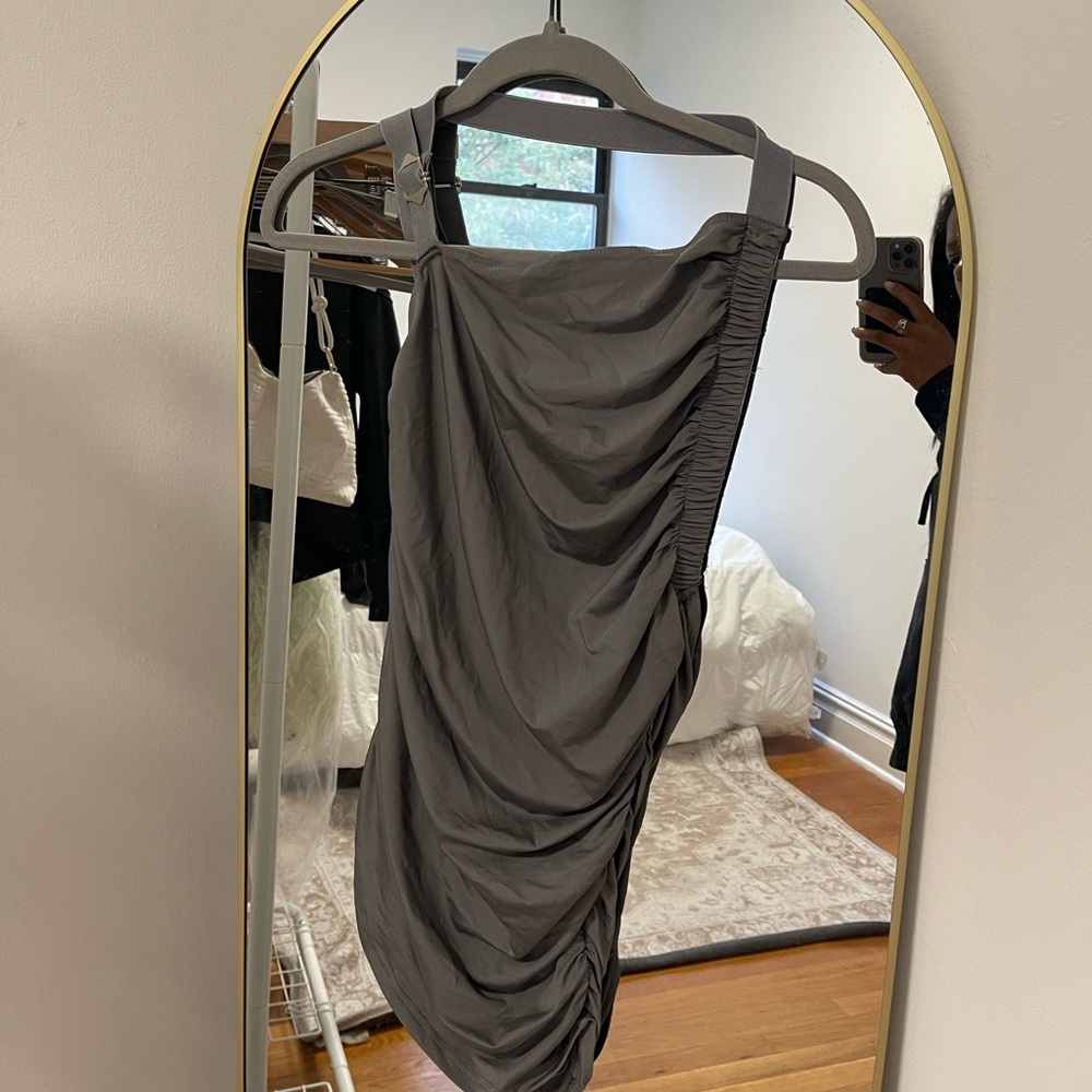 Grey bodycon top with ruched detailing and adjustable straps